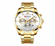 CURREN 8358 Golden Stainless Steel Chronograph Watch For Men - White & Golden