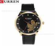 CURREN 9048 Black PU Leather Analog Watch For Women - Golden & Black