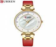 CURREN 9056 Red PU Leather Analog Watch For Women - Golden & Red