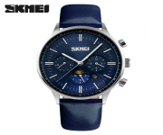 SKMEI 9117 Navy Blue PU Leather Chronograph Watch For Men - Silver & Navy Blue