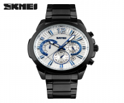 SKMEI 9108 Black Stainless Steel Chronograph Watch For Men - White & Black