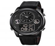 SKMEI 1653 Black PU Leather Dual Time Watch For Men - Black