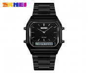 SKMEI 1220 Black Stainless Steel Dual Time Luxury Watch For Men - Black
