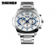 SKMEI 9108 Silver Stainless Steel Chronograph Watch For Men - White & Silver