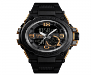 SKMEI 1517 Black PU Dual Time Watch For Men - Golden & Black