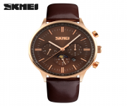 SKMEI 9117 Chocolate PU Leather Chronograph Watch For Men - RoseGold & Chocolate