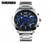 SKMEI 9108 Silver Stainless Steel Chronograph Watch For Men - Black & Silver