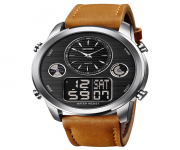 SKMEI 1653 Brown PU Leather Dual Time Watch For Men - Silver & Brown