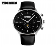 SKMEI 9117 Black PU Leather Chronograph Watch For Men - Silver & Black