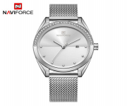 NAVIFORCE NF5015 Silver Mesh Stainless Steel Analog Watch For Women - White & Silver