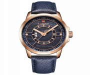 NAVIFORCE NF9151 Navy Blue PU Leather Analog Watch for Men - RoseGold & Navy Blue