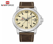NAVIFORCE NF9177 Chocolate PU Leather Analog Watch For Men - Silver & Chocolate
