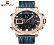 NAVIFORCE NF9172 Royal Blue Mesh Stainless Steel Dual LCD Digital Wrist Watch For Men - RoseGold & Royal Blue