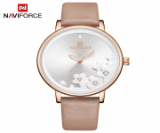 NAVIFORCE NF5012 Brown PU Leather Analog Watch For Women - White & Brown