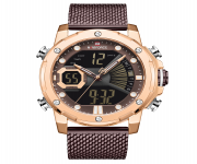 NAVIFORCE NF9172 Bronze Mesh Stainless Steel Dual Time LCD Digital Wrist Watch For Men - RoseGold & Bronze