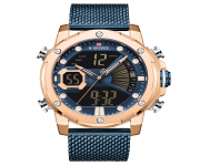 NAVIFORCE NF9172 Royal Blue Mesh Stainless Steel Dual Time LCD Digital Wrist Watch For Men - RoseGold & Royal Blue