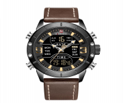 NAVIFORCE NF9153 Chocolate PU Leather Dual Time Wrist Watch For Men - Black and Chocolate