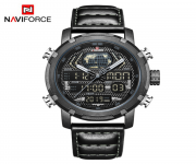 NAVIFORCE NF9160 Black PU Leather Dual Time Wrist Watch For Men - Black