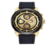 NAVIFORCE NF9129 Black PU Leather Chronograph Watch For Men - Black & Golden