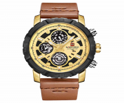 NAVIFORCE NF9139 Brown PU Leather Chronograph Watch For Men - Brown & Golden
