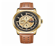 NAVIFORCE NF9142 Brown PU Leather Chronograph Watch For Men - Brown & Golden