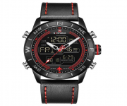 NAVIFORCE NF9144 Black PU Leather Dual Time Wrist Watch For Men - Black & Red