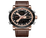 NAVIFORCE NF9132 Dark Brown PU Leather Wrist Watch for Men - RoseGold