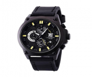 T5 H3479G-B - Black PU Leather Analog Chronograph Sports Watch For Men - Black & Yellow