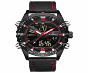 NAVIFORCE NF9136 BLACK PU LEATHER DUAL TIME WATCH FOR MEN - BLACK & RED