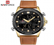 NAVIFORCE NF9138 Brown PU Leather Dual Time Wrist Watch For Men - Brown & Golden