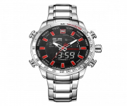 Silver and Red NF9093 Stainless Steel Dual Display Wrist Watch for Men